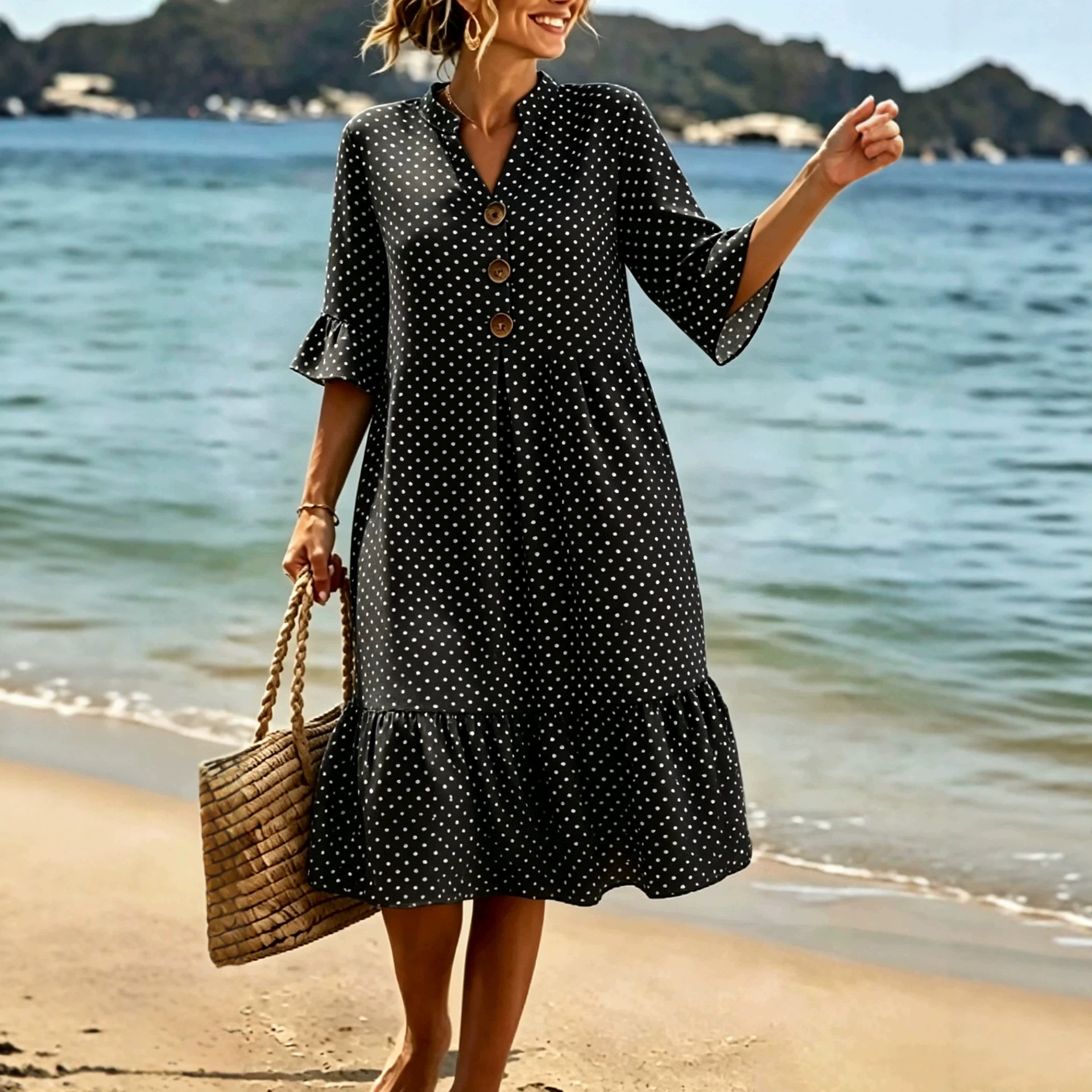 V-Neck Polka Dot Ruffle Sleeve Boho Short Sleeve Vacation Dress