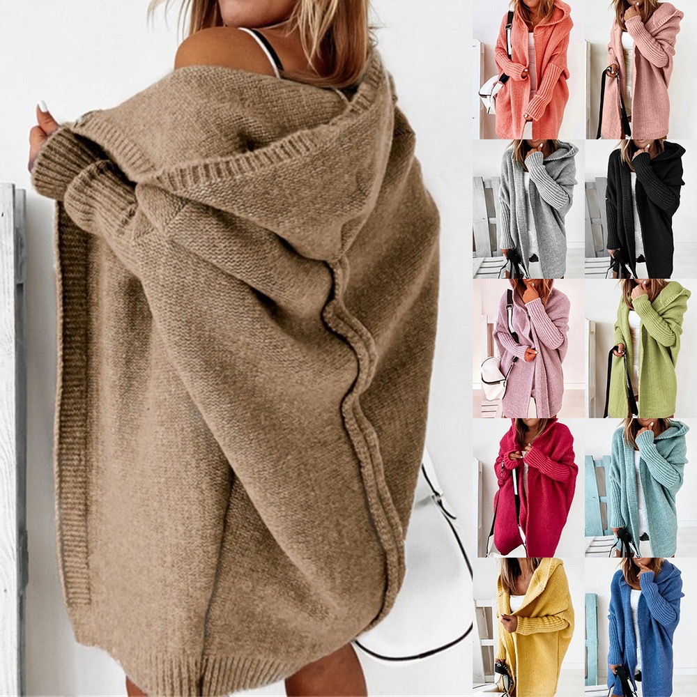 Hooded Knit Cardigan with Batwing Sleeves and Back Panel