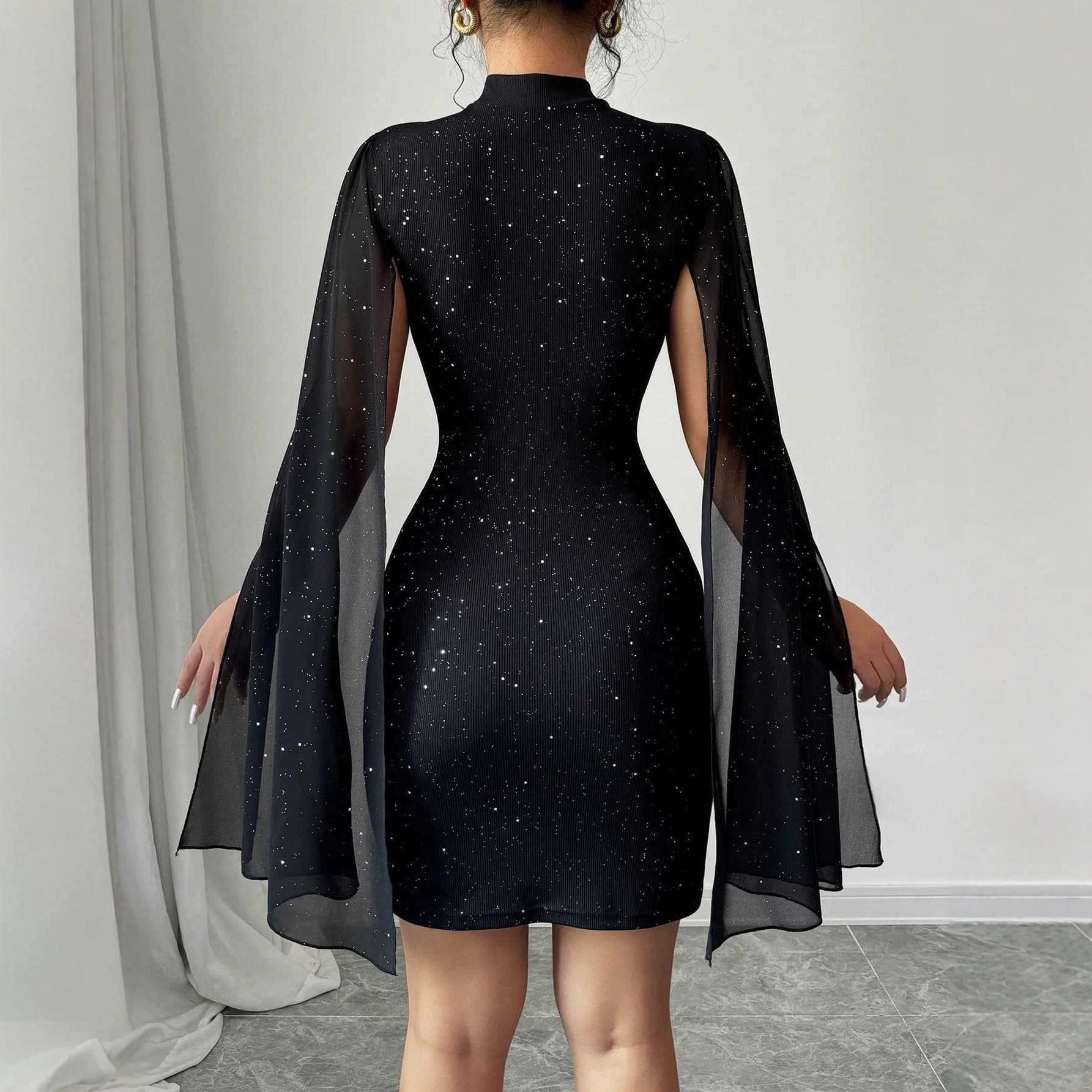 Shiny Print High Neck Lantern Sleeve Bodycon Party Dress