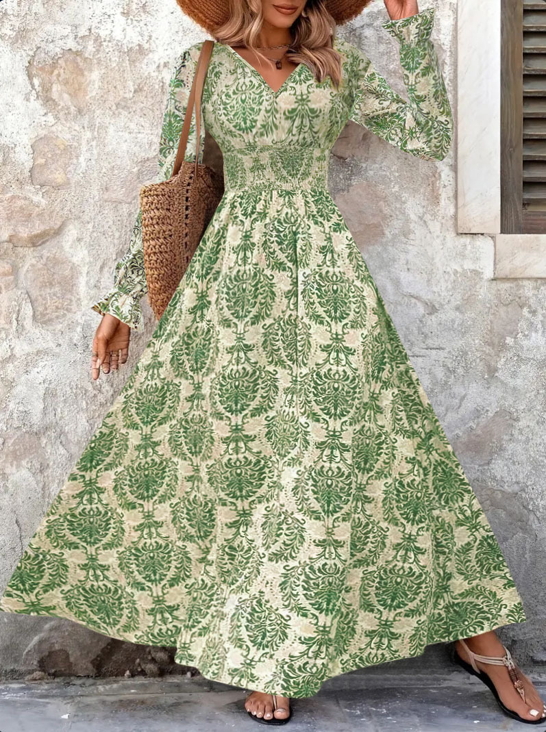 TUME Vintage Floral Print V-Neck Long Sleeve Maxi Dress