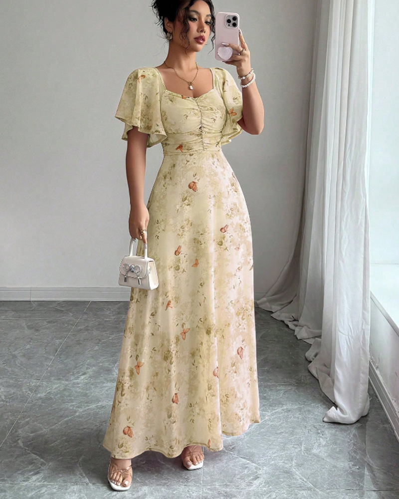 Floral Butterfly Print Ruffle Sleeve Slim Fit Midi Dress with Lining