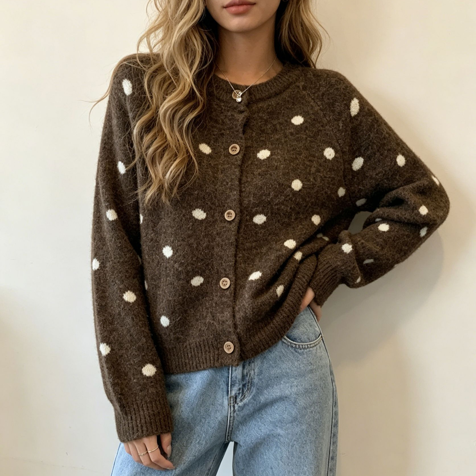 Colorblock Polka Dot Knit Cardigan Sweater