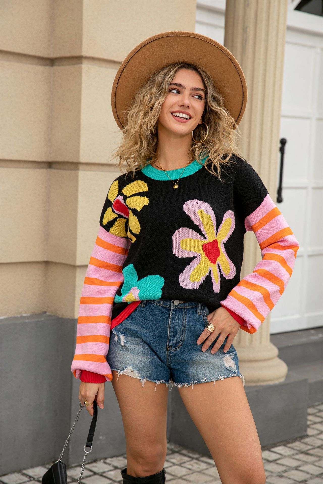 Women's Striped Floral Knit Sweater Colorblock Crew Neck Long Sleeve