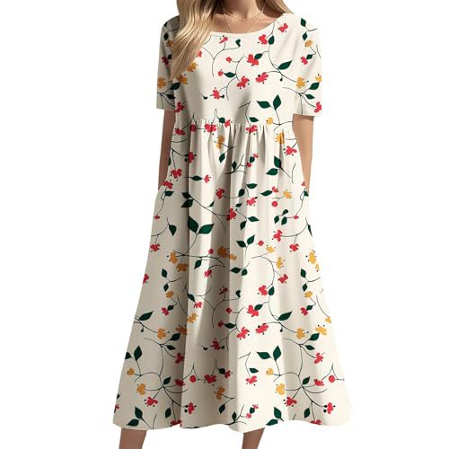 Women's Floral Print Ruched Midi Dress Short Sleeve Crew Neck