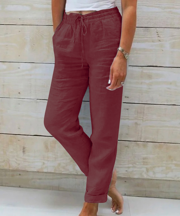 Women's Cotton-Linen Wide-Leg Pants Elastic Waist Solid Color Loose Fit