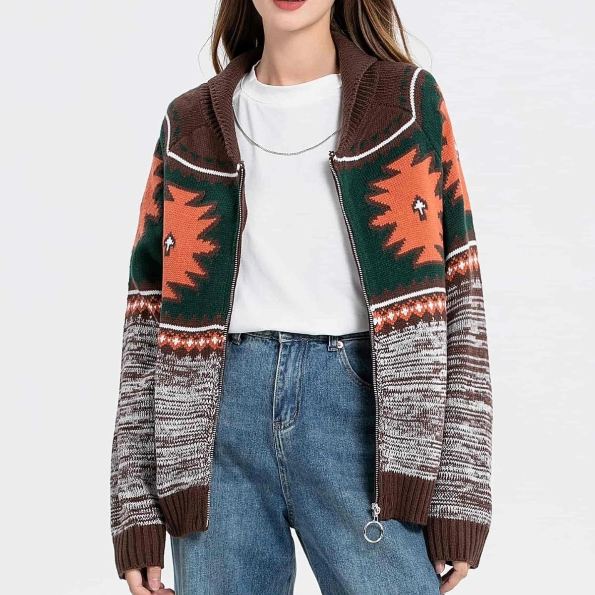 Women's Ethnic Floral Knit Cardigan with Collar and Zip