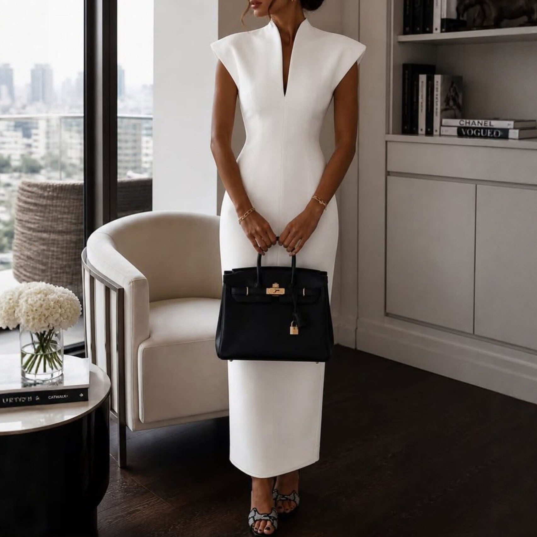 Women's Sleeveless Bodycon Dress with Stand Collar High Waist