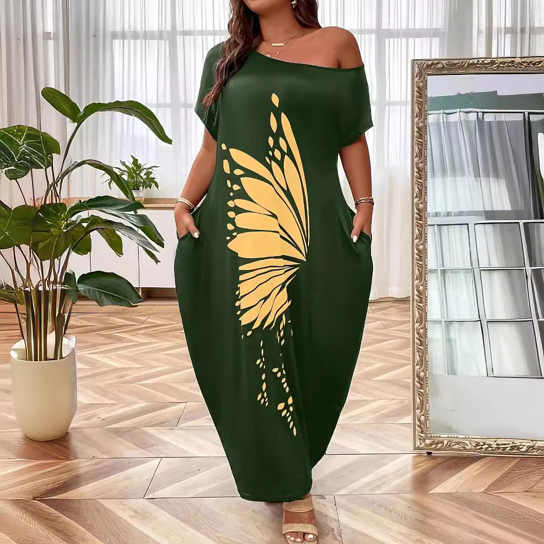 Women's Casual A-Line Butterfly Print Midi Dress U-Neck Short Sleeve
