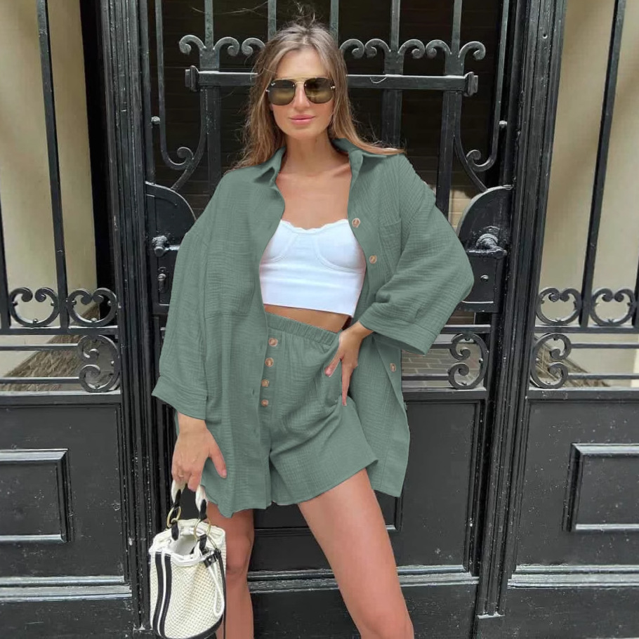 Women's Solid Button-Front Cardigan and Shorts Two-Piece Set