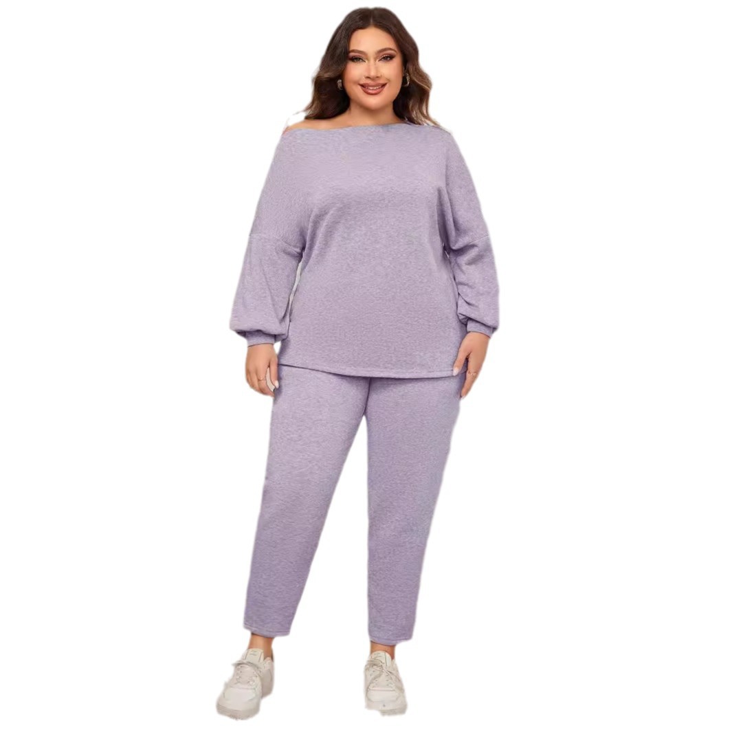 Women's Off-Shoulder Long Sleeve Top and Pants Set Plus Size Casual
