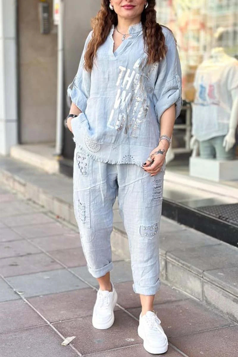Letter Print Half-Sleeve Long Pants Loose Two-Piece Set