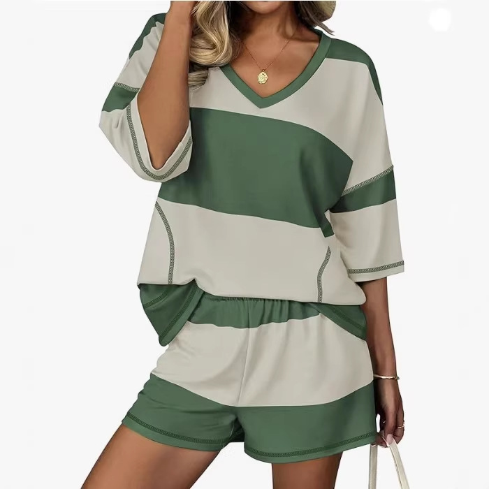 Striped Short Sleeve Top and Casual Shorts Two-Piece Set