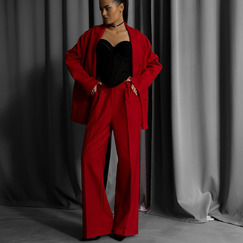 Women's Casual Two-Piece Suit Set Solid Color Loose Cardigan Blazer and Button Pants