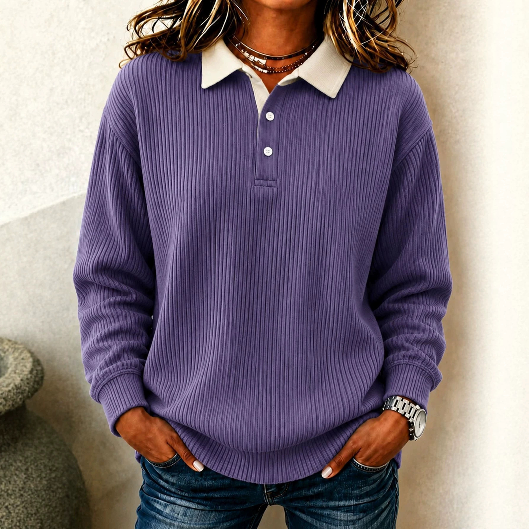 Women's Ribbed Knit Collared Long Sleeve Top