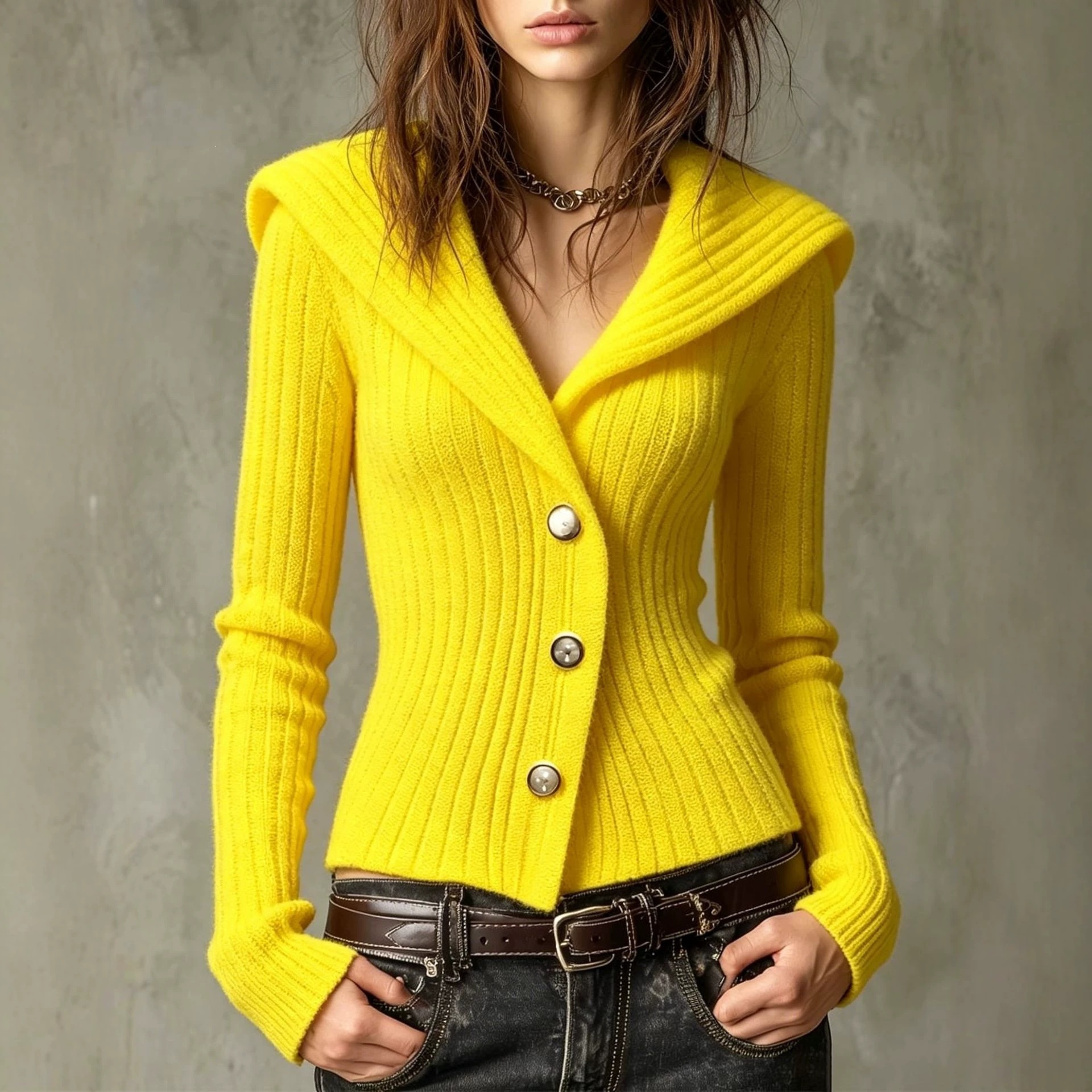 Women's Slim Fit Sailor Collar Button-Up Cardigan Sweater with Waist-Defining Stretch Knit