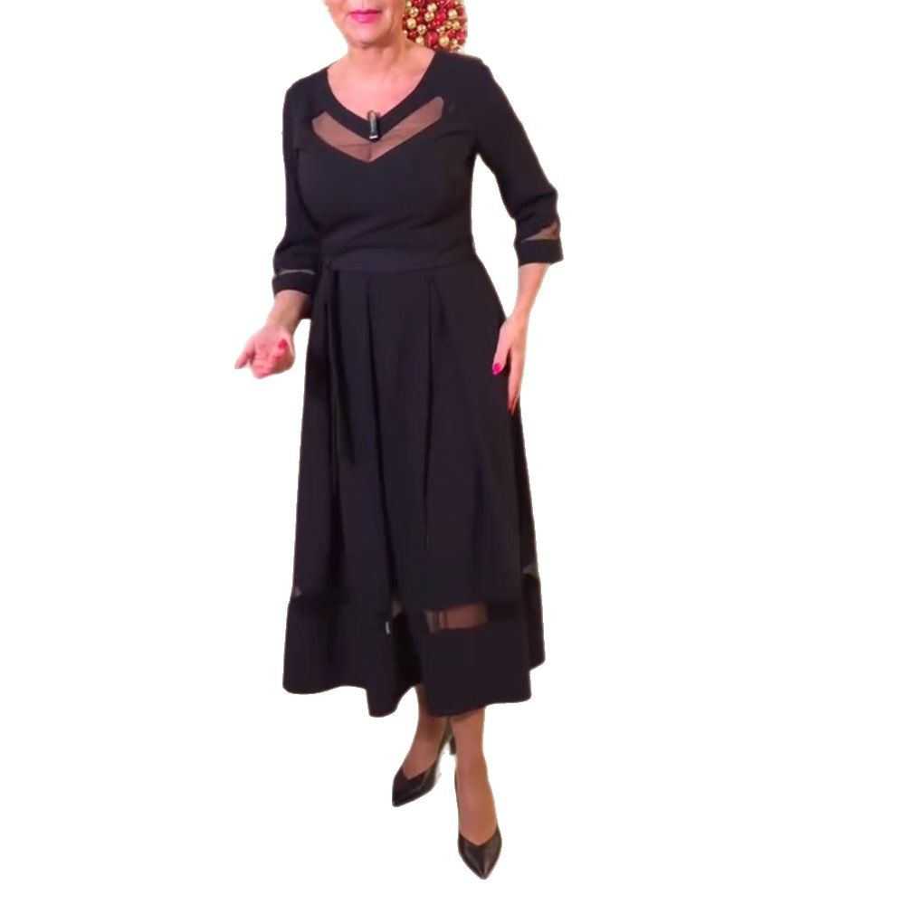 Women's Long Sleeve V-Neck Mesh Panel Waist-Cinched Solid Dress