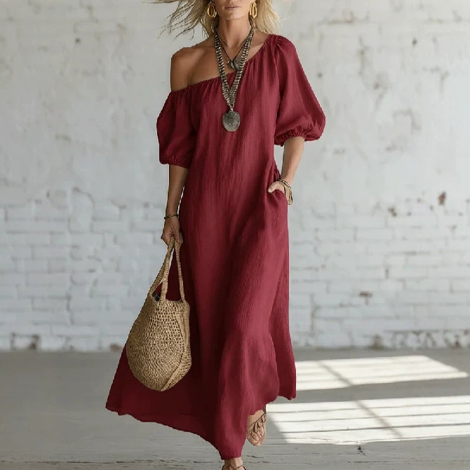 Off-Shoulder Cloud Cotton Puff Sleeve Loose Flowy Maxi Dress