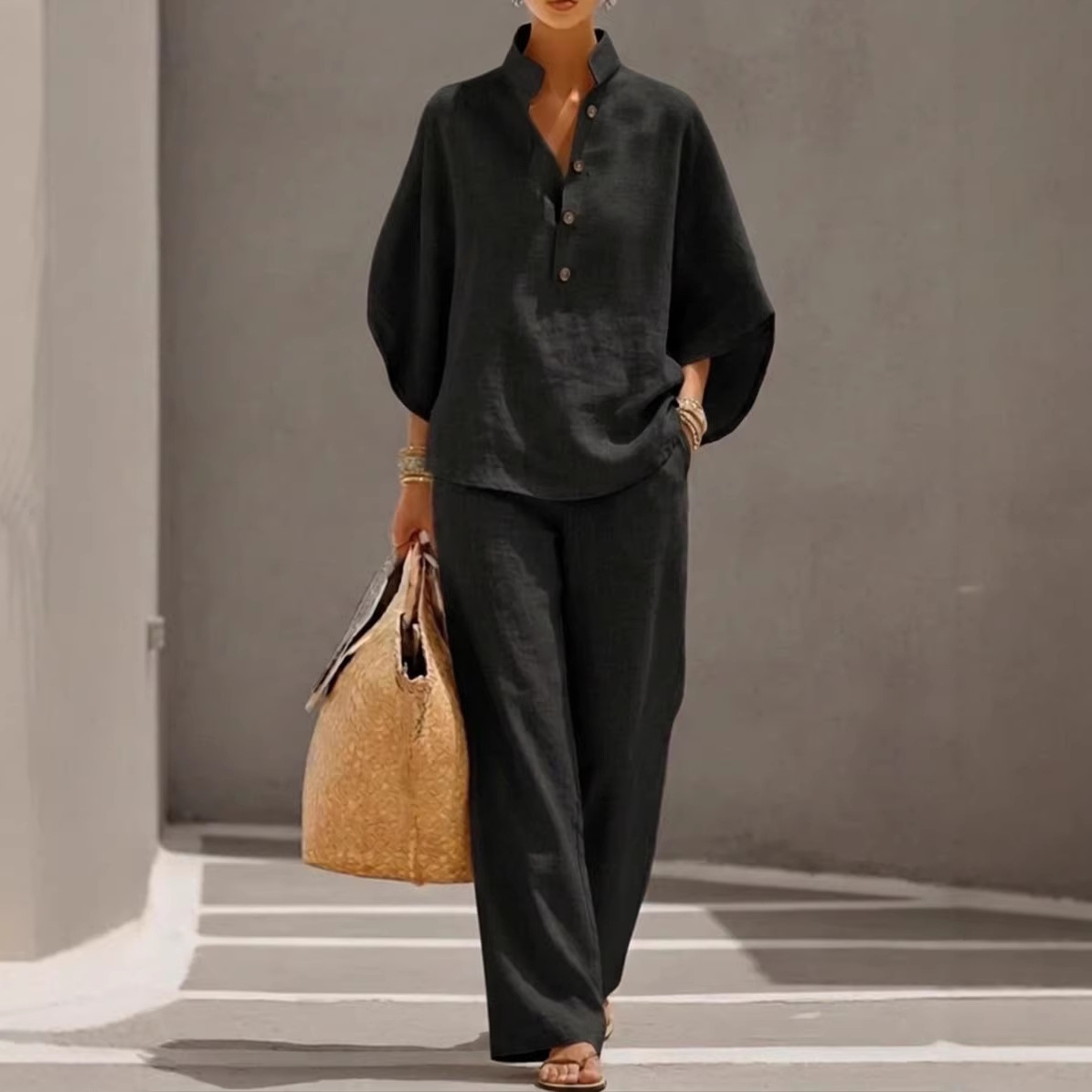 Women's Casual Solid Zip-Up Wide-Leg Pants Set