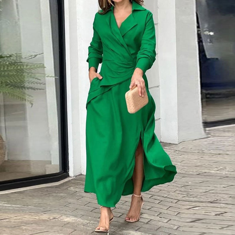 Women's Solid V-Neck Waist-Cinched Slit Midi Dress