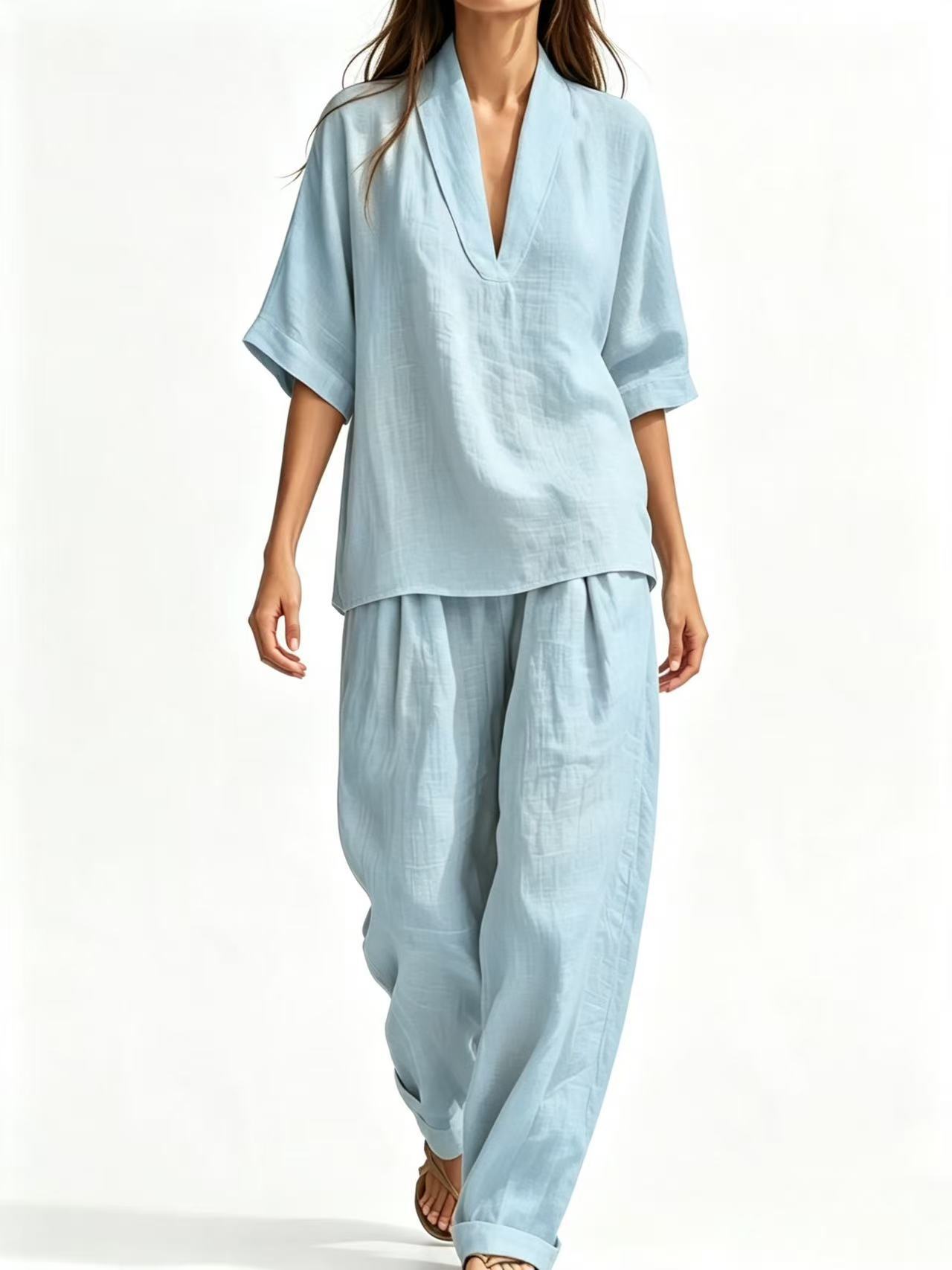 Women's Casual Linen Two-Piece Set Short Sleeve Tee & Pants
