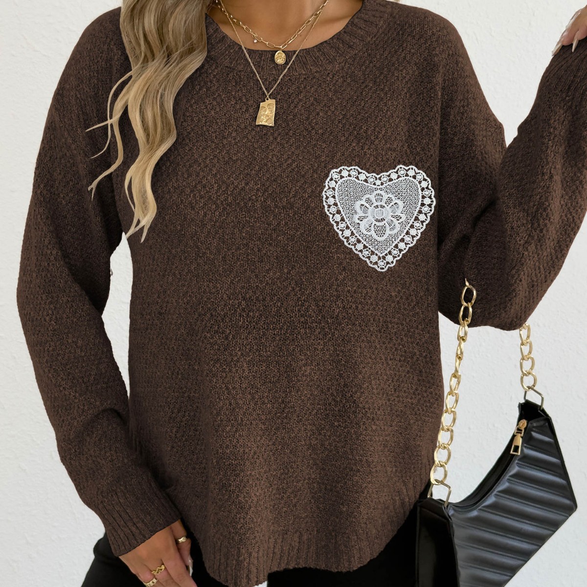 Women's Hollow Lace Pocket Faux Fur Knit Pullover Sweater Crew Neck
