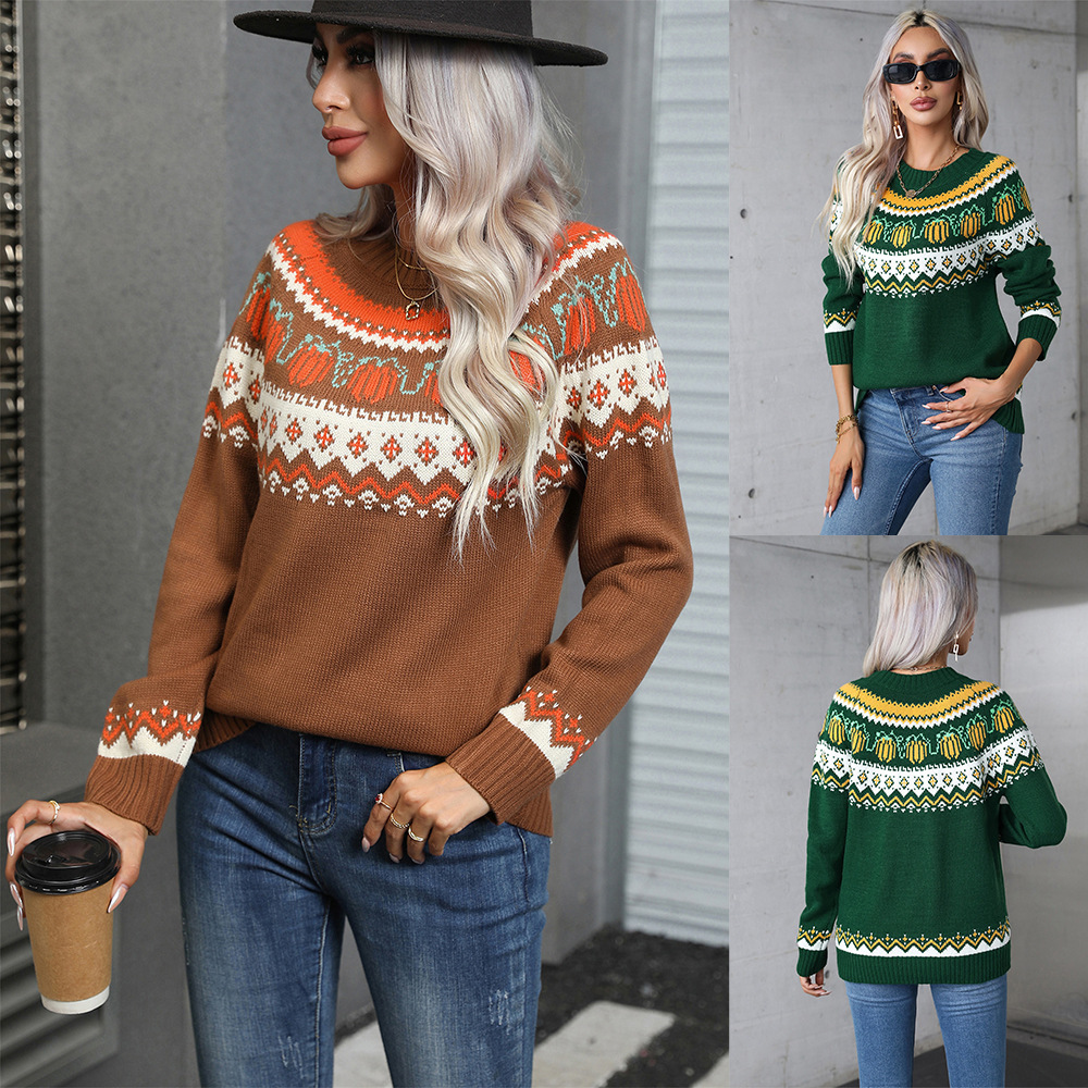 Halloween Color-Block Crewneck Sweater Plus Size Women's