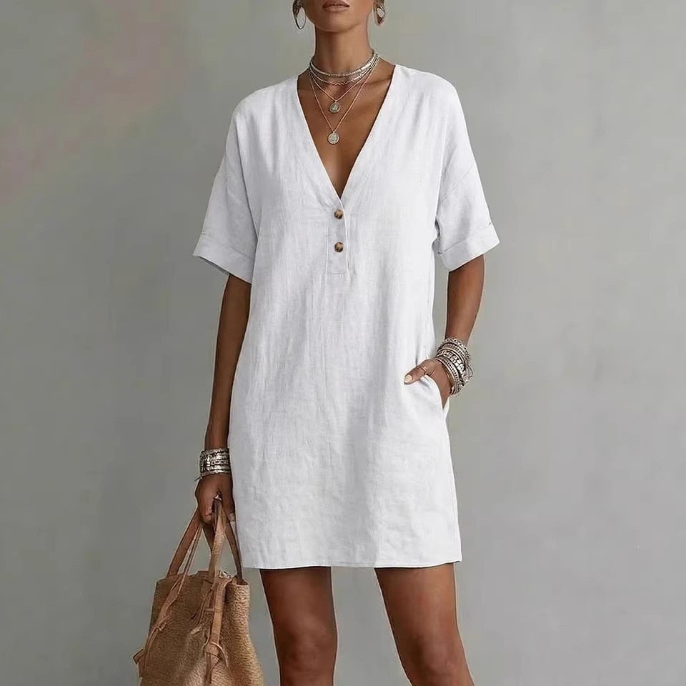 Boho Cotton-Linen Deep V Half-Button Short Sleeve Midi Dress