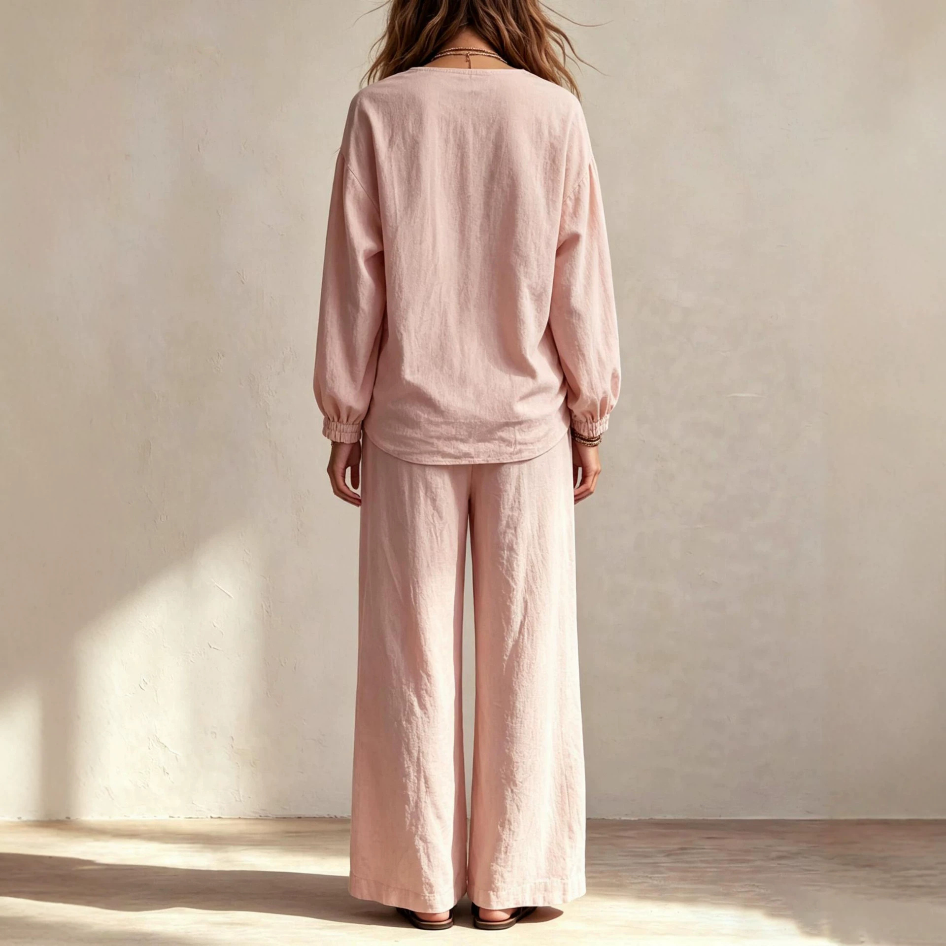 Women's Casual Two-Piece Set Loose V-Neck Top & Wide-Leg Pants with Belt
