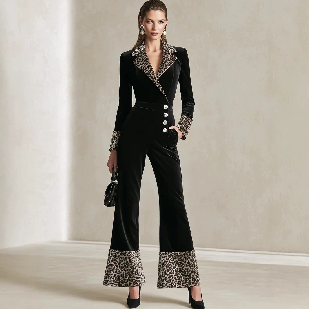 Leopard Print Long Sleeve Long Pants Jumpsuit
