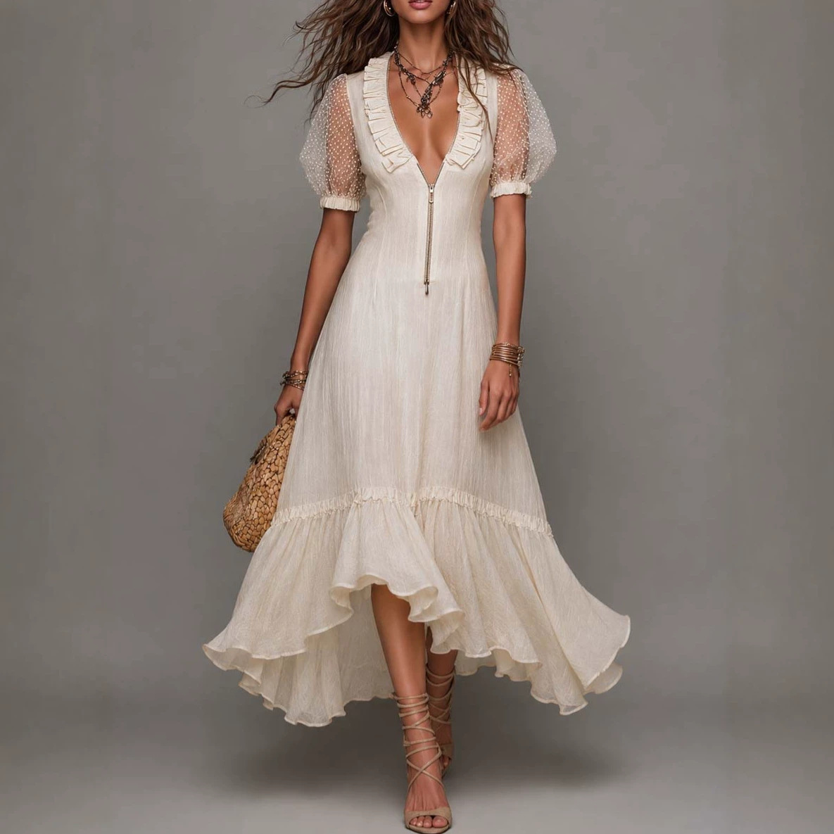 Women's V-Neck Ruffle Loose Vacation Dress