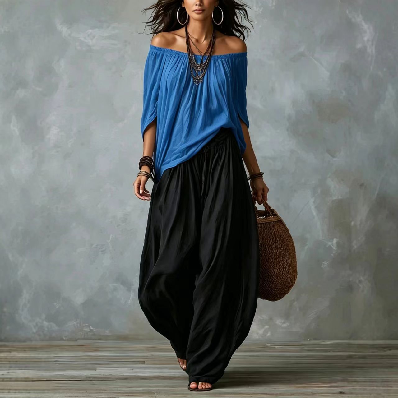 Women's Off-Shoulder Top and Wide-Leg Pants Set Casual Two-Piece Outfit