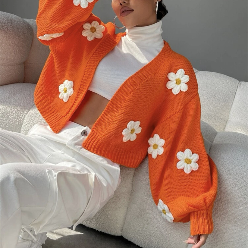 Women's 3D Floral Cardigan Sweater Short Loose Knit V-Neck