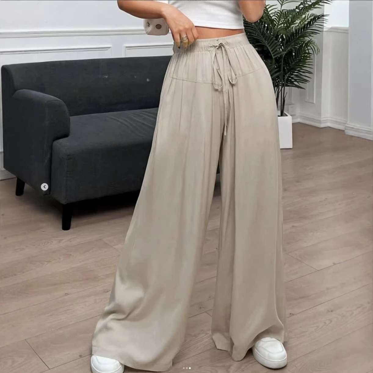 Women's High-Waist Wide-Leg Pants with Elastic Waistband, Lightweight