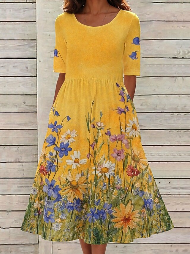 Women's Fresh Floral Print Ruched Midi Dress