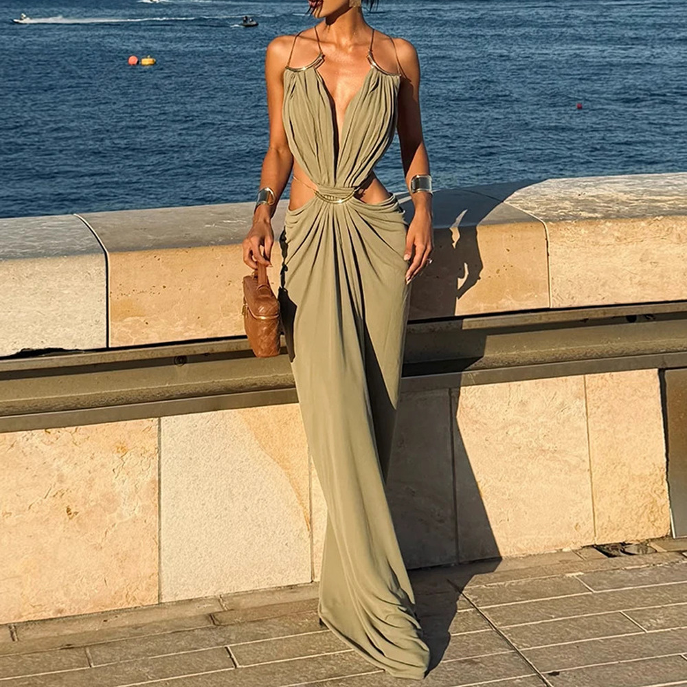Women's Sexy Cutout Waist Long Evening Dress Slim Fit Solid Color