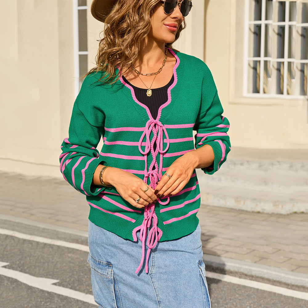 Striped Colorblock Tie-Front Cardigan Sweater Women Loose Fit