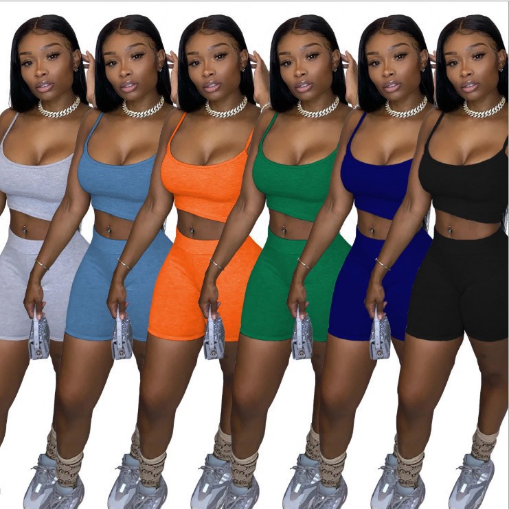 Women's Solid Color Crop Cami Top and Biker Shorts Set
