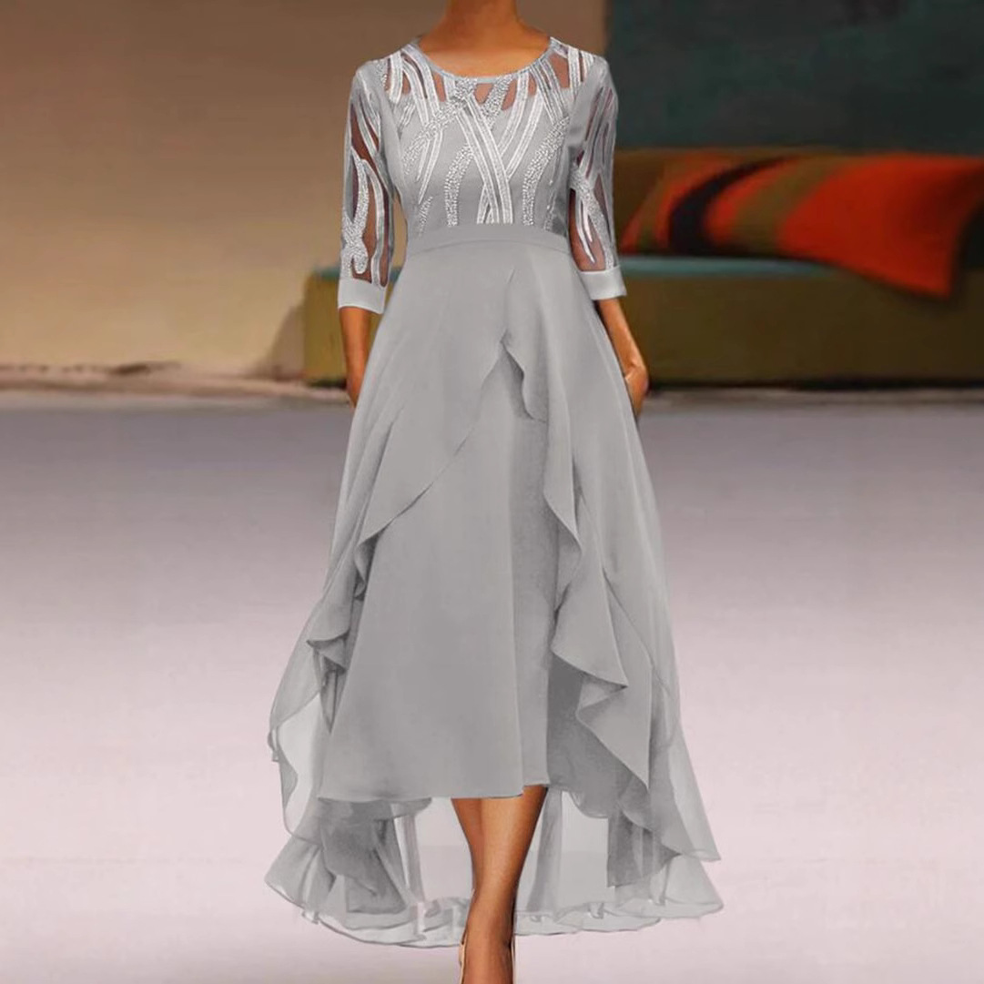 Women's Autumn Winter Midi Chiffon Dress Lace Spliced Round Neck Bridesmaid Evening Gown