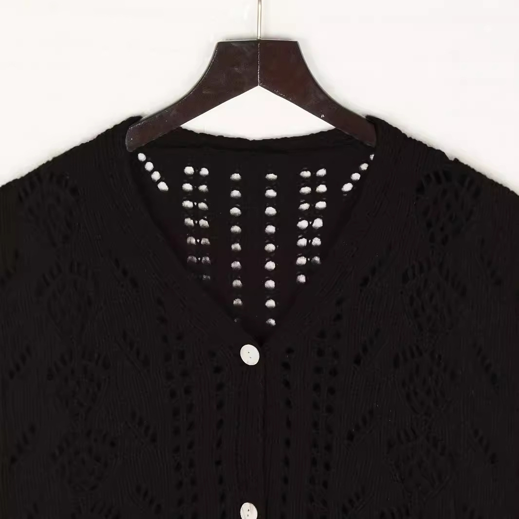 Retro Open-Knit Button-Front Cardigan V-Neck Solid Color Women's Top