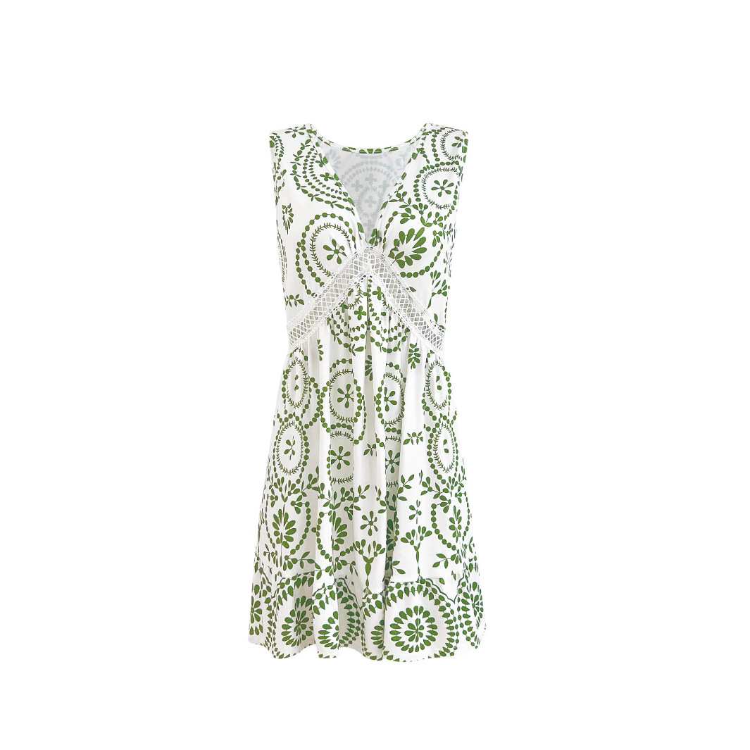 Floral Print Cutout Lace V-Neck Sleeveless Dress