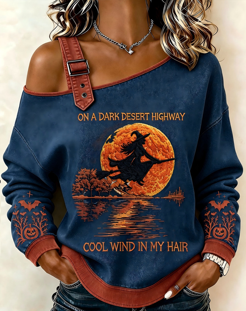 Halloween Witch Broom Print Crewneck Long-Sleeve Lace-Up Sweatshirt