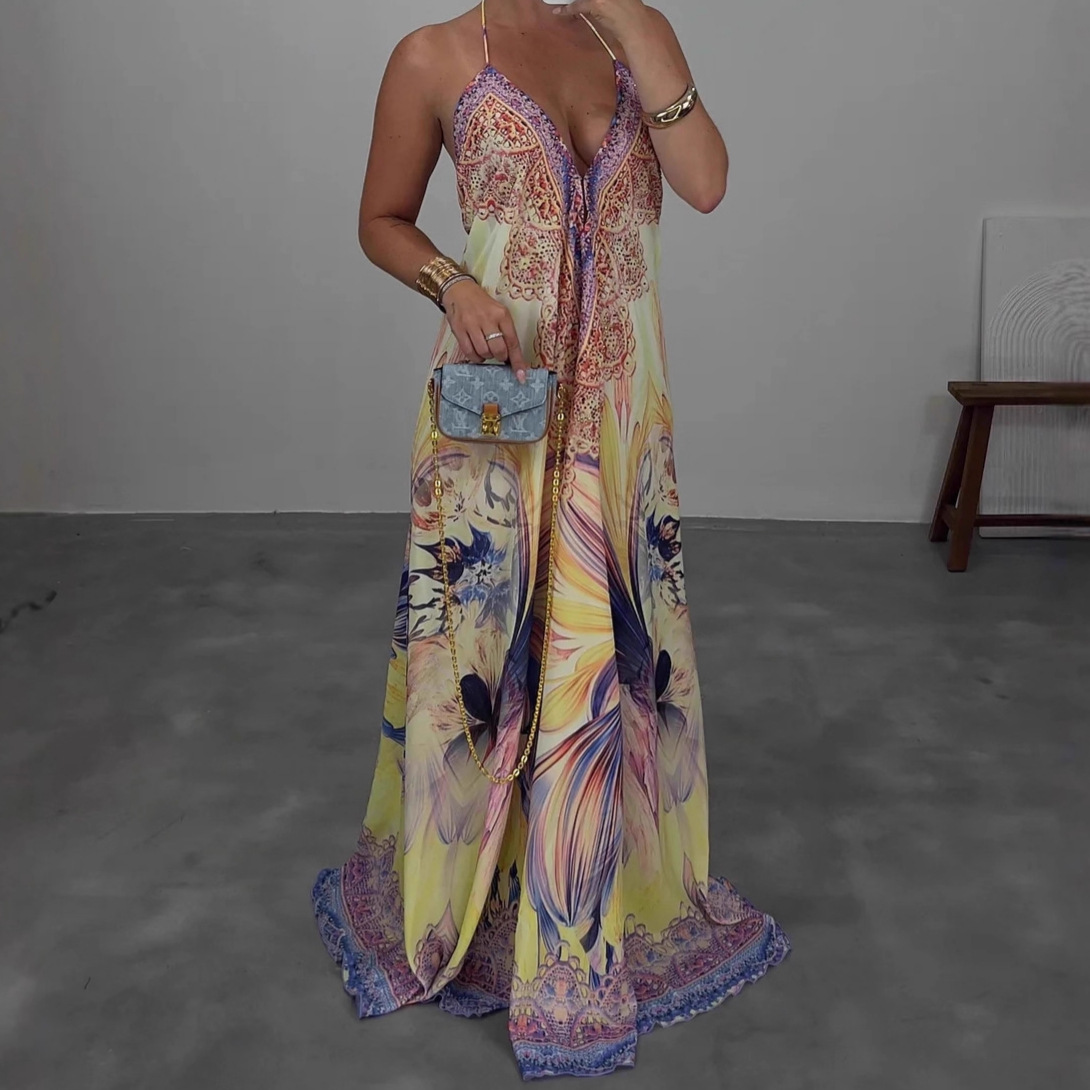 Bohemian Sleeveless Halter Printed Maxi Dress