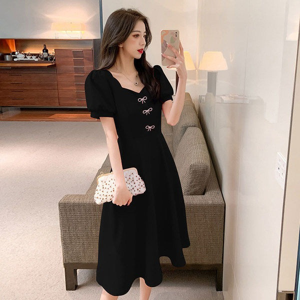 Plus Size French Style Dress with Puff Sleeves and Bow, Square Neck A-Line Midi Dress