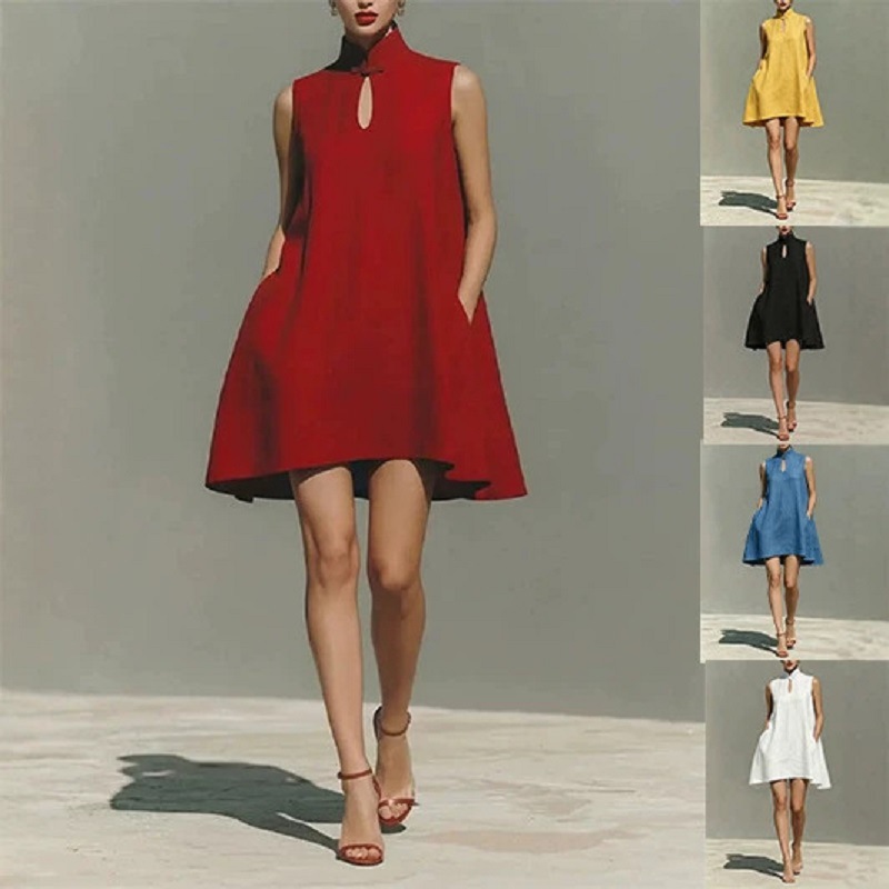 Sleeveless A-Line Midi Dress with Butterfly Buckle