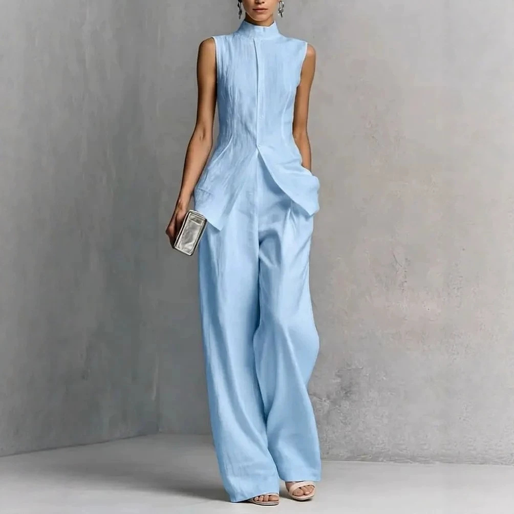 Women's Sleeveless Solid Top & Wide-Leg Pants Two-Piece Set