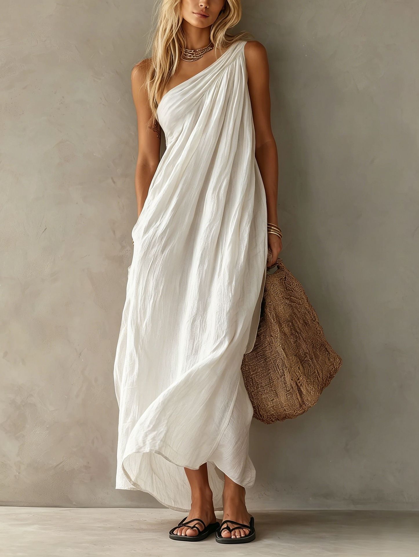 2026 Amazon Cross-Border Women's One-Shoulder Ruched Dress Loose Slimming Solid Color Beach Vacation Long Dress