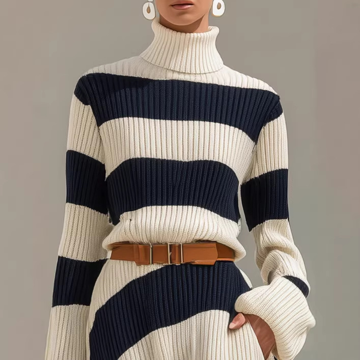 Navy and White Striped Long Sleeve Midi Dress