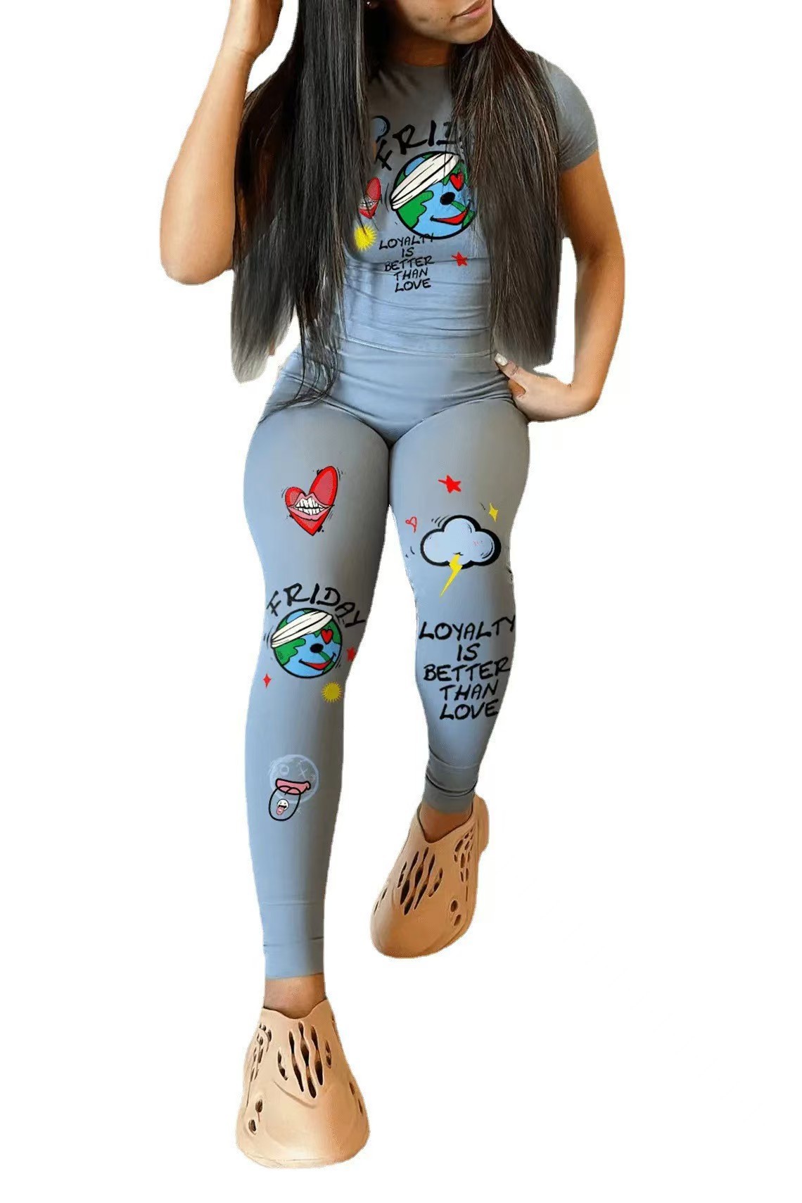 Women's Graphic Print Slim Fit Long Pants Set