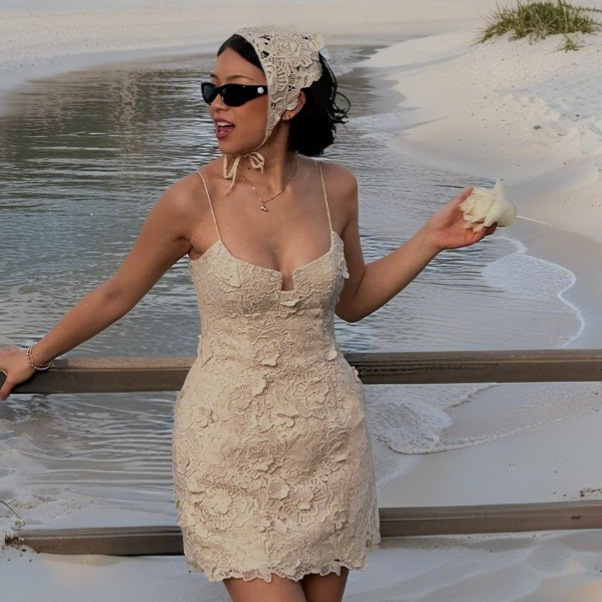 Elegant Beige Floral A-Line Midi Dress with V-Neck and Short Sleeves