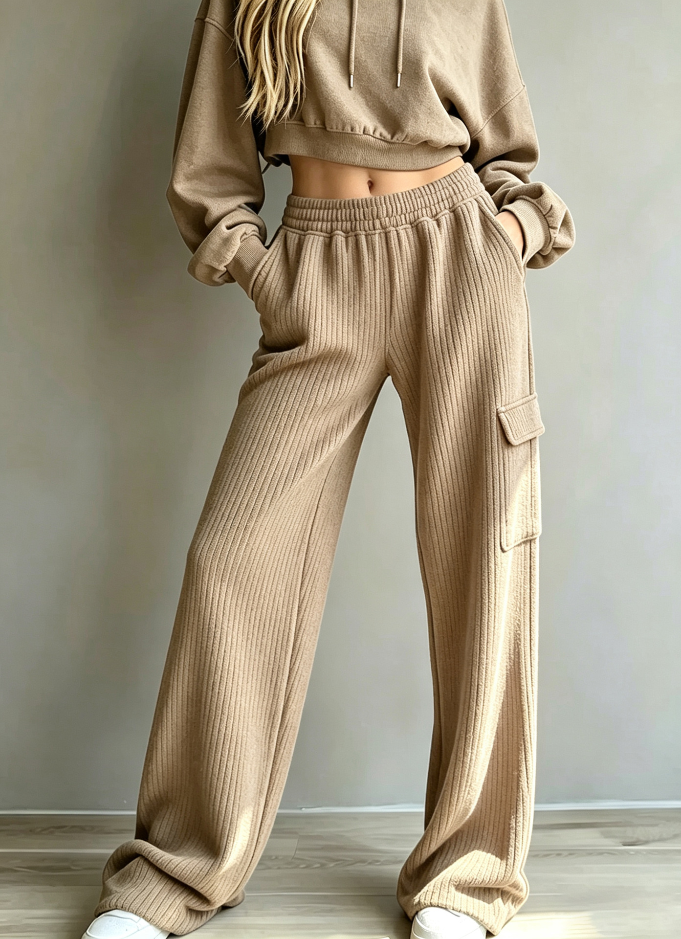 Vertical Ribbed Wide-Leg Cargo Sweatpants High Waist Drawstring